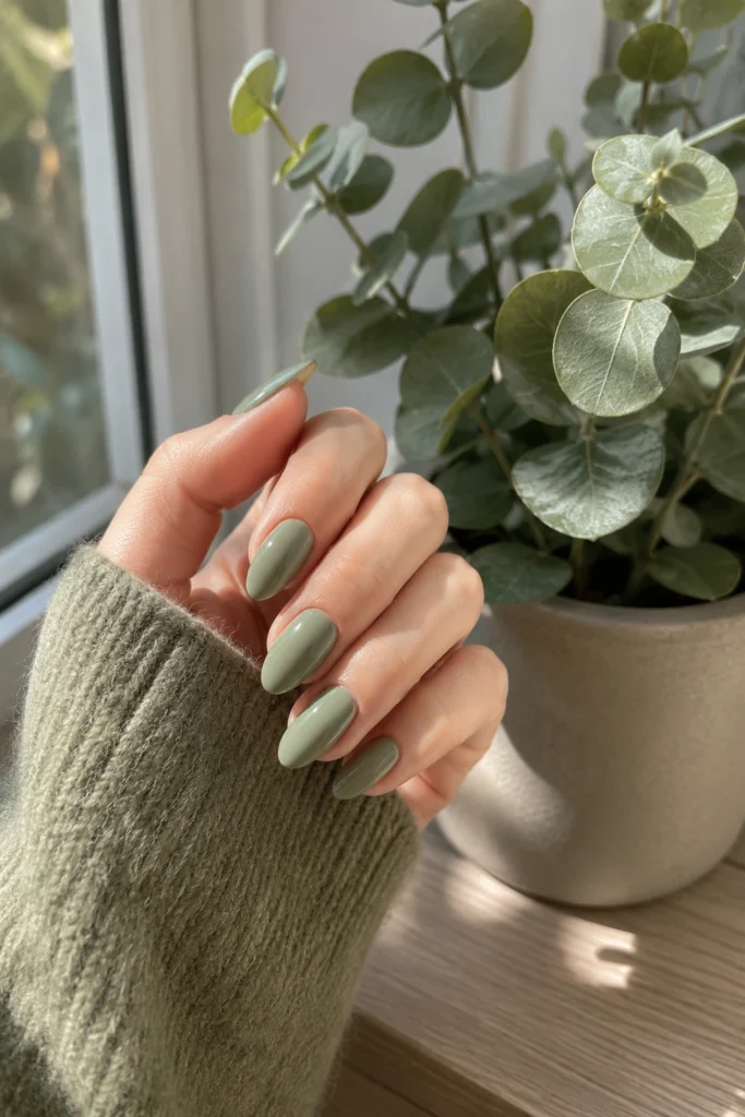 Sage green dip powder nails with plants.