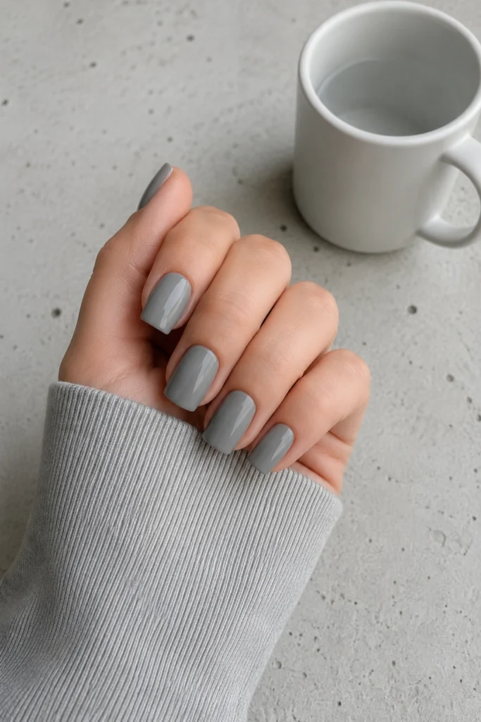 Soft gray dip powder nails look minimal.