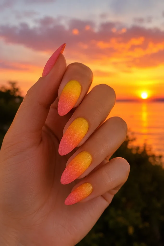 Sunset ombre dip powder nails in bold colors.