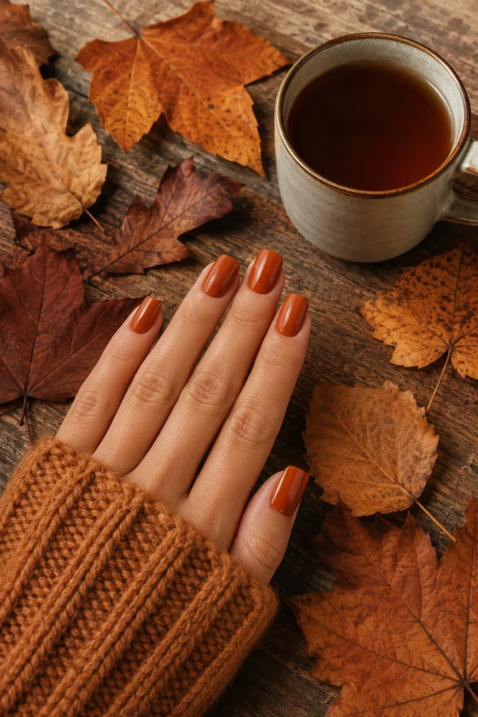 Warm terracotta dip powder nails for fall.