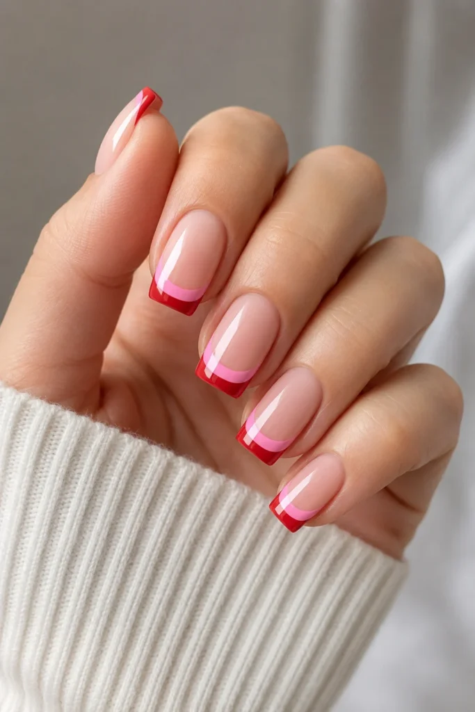 Layered pink and red French tip lines