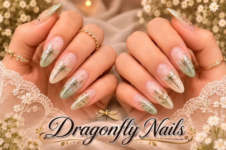 Elegant dragonfly nails with delicate gold nature-inspired nail art