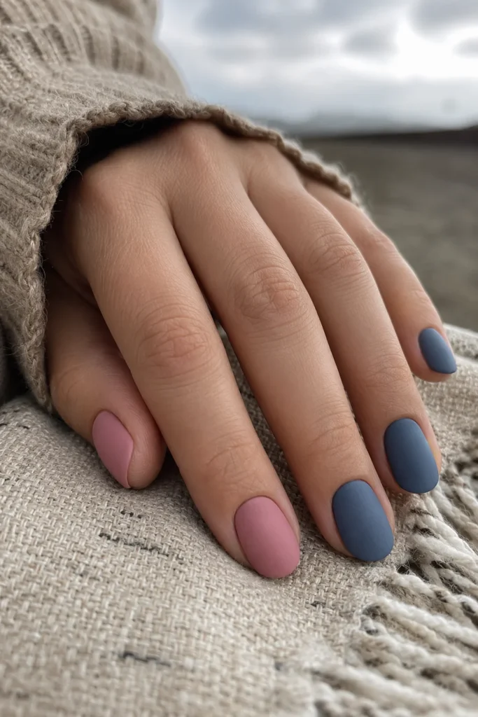 Dusty pink and blue matte nail design