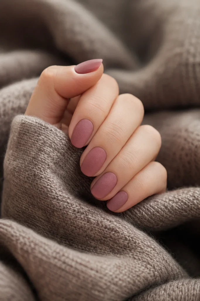 Dusty rose velvet matte manicure on short almond nails.