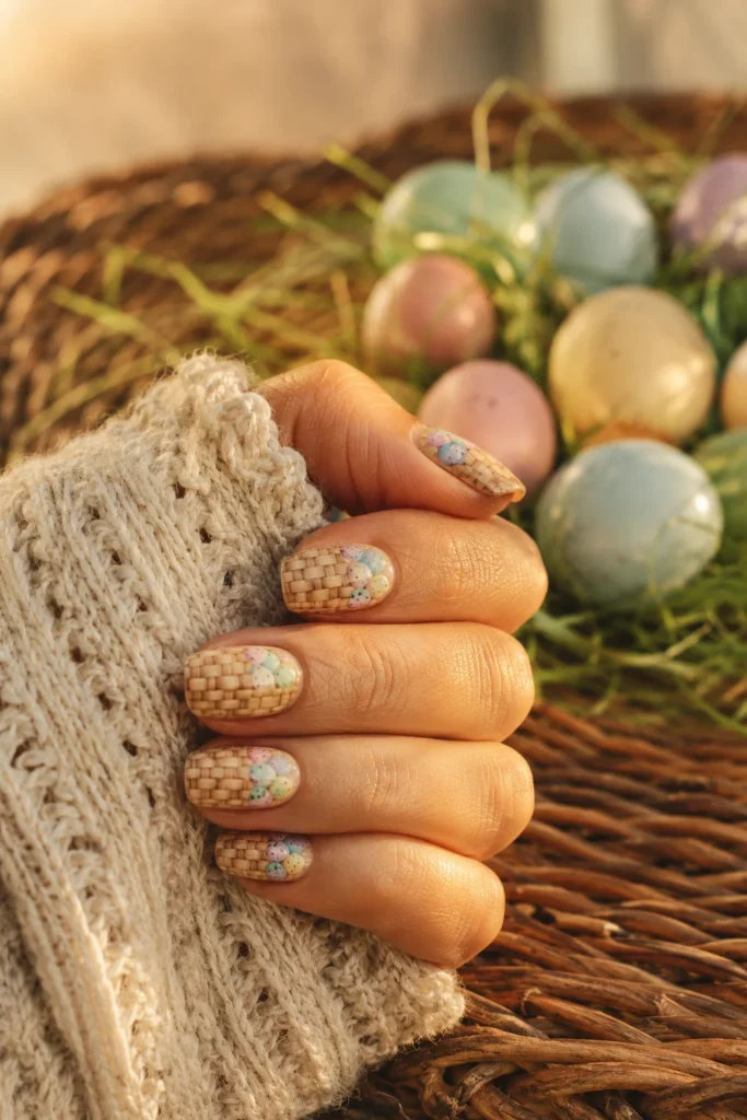 Tan basket weave nail design with pastel eggs.