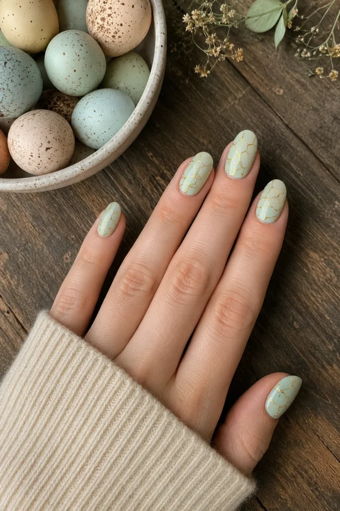 Gold crackle lines on mint green Easter nails.