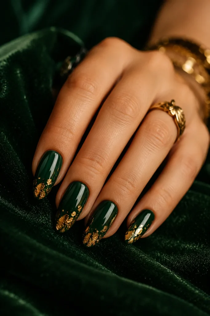 Emerald green nails decorated with gold leaf accents