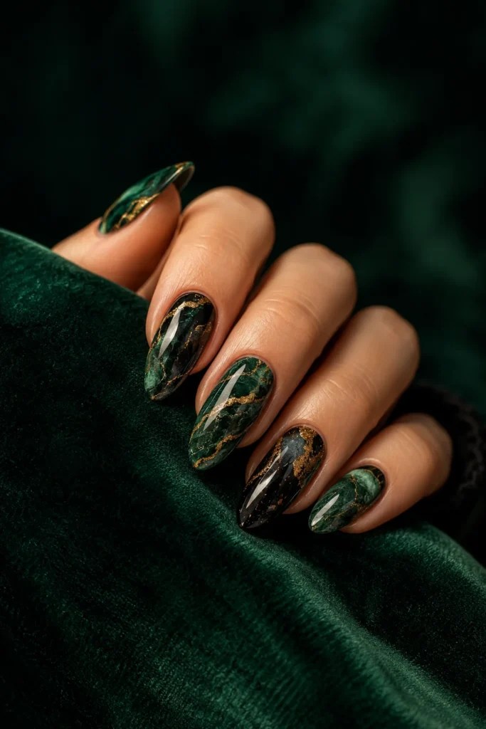 Emerald green marble nails with gold flecks
