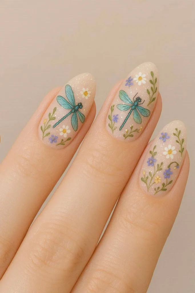 Enchanted garden nails with dragonflies flowers and sparkle