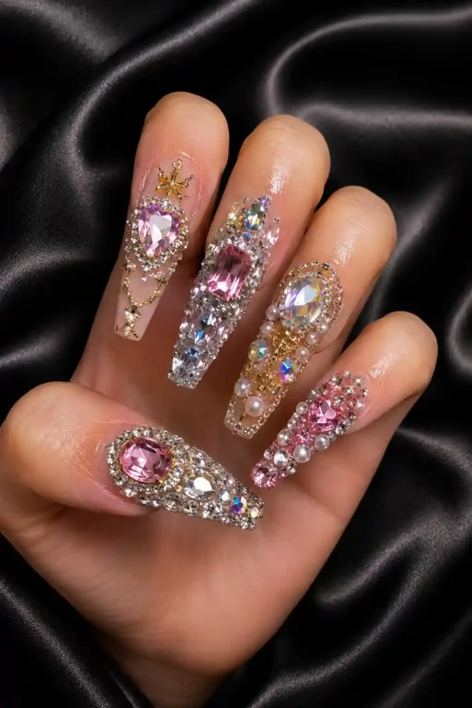 Bold oversized gems and luxury embellishments for show-stopping statement nails