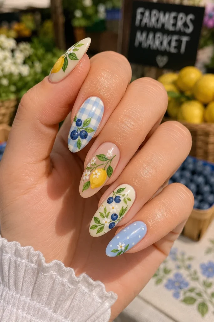 Farmers market nails with fruit and tiny blossoms
