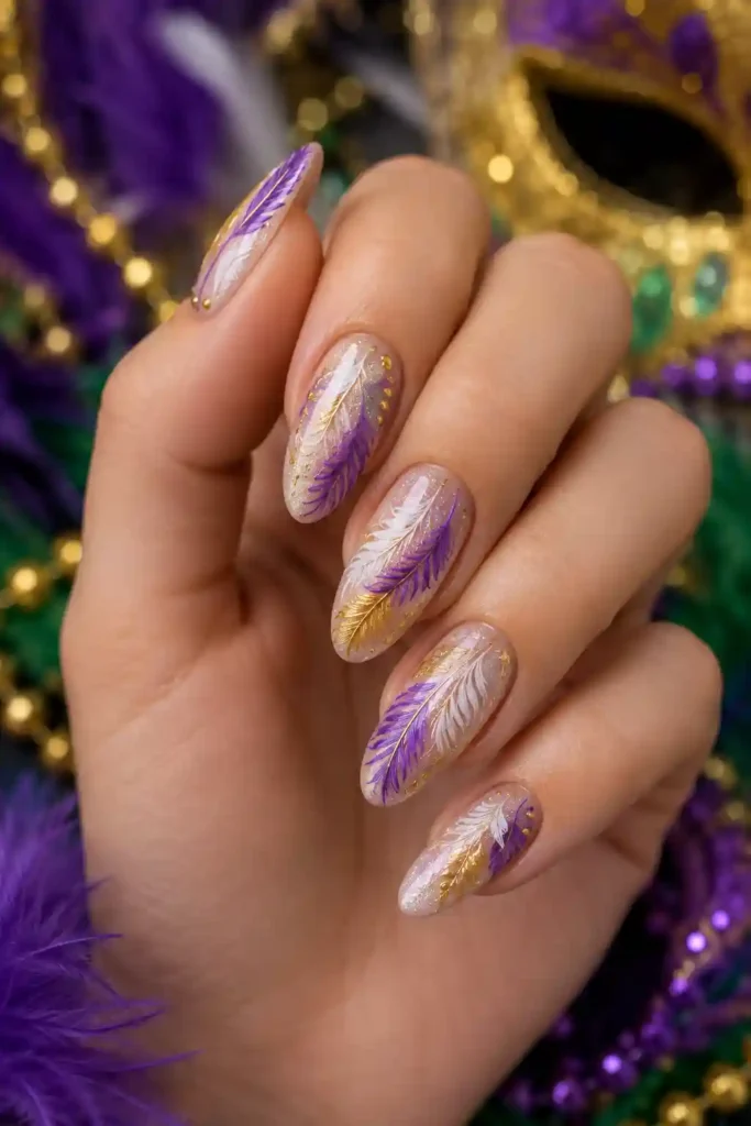 Delicate feather nail art inspired by carnival costumes