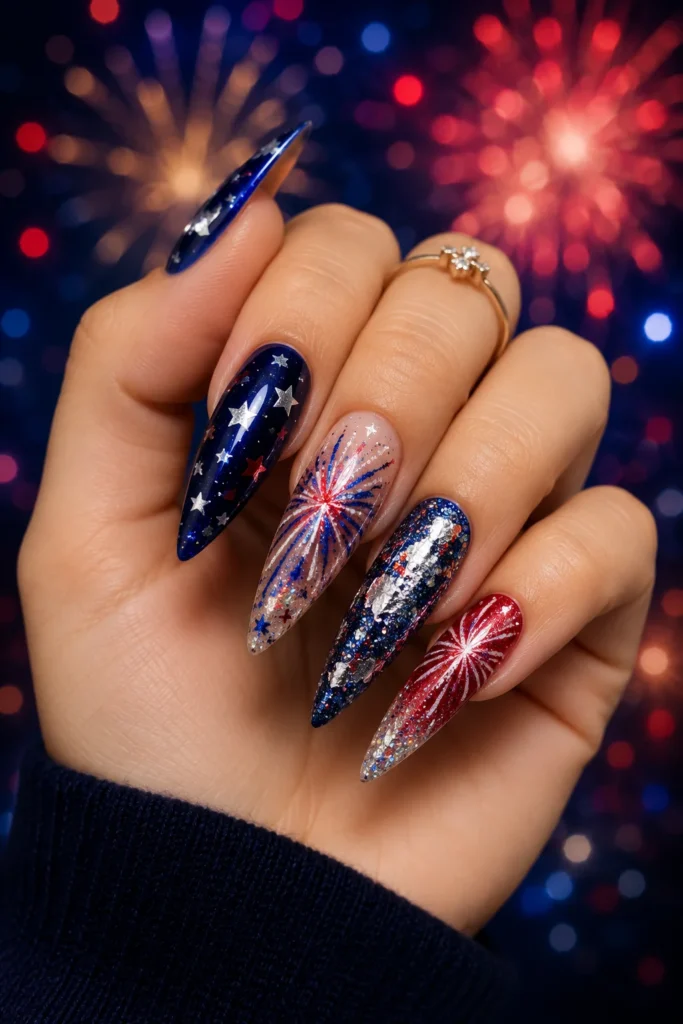 Bold nails mixing glitter foil stars and firework art
