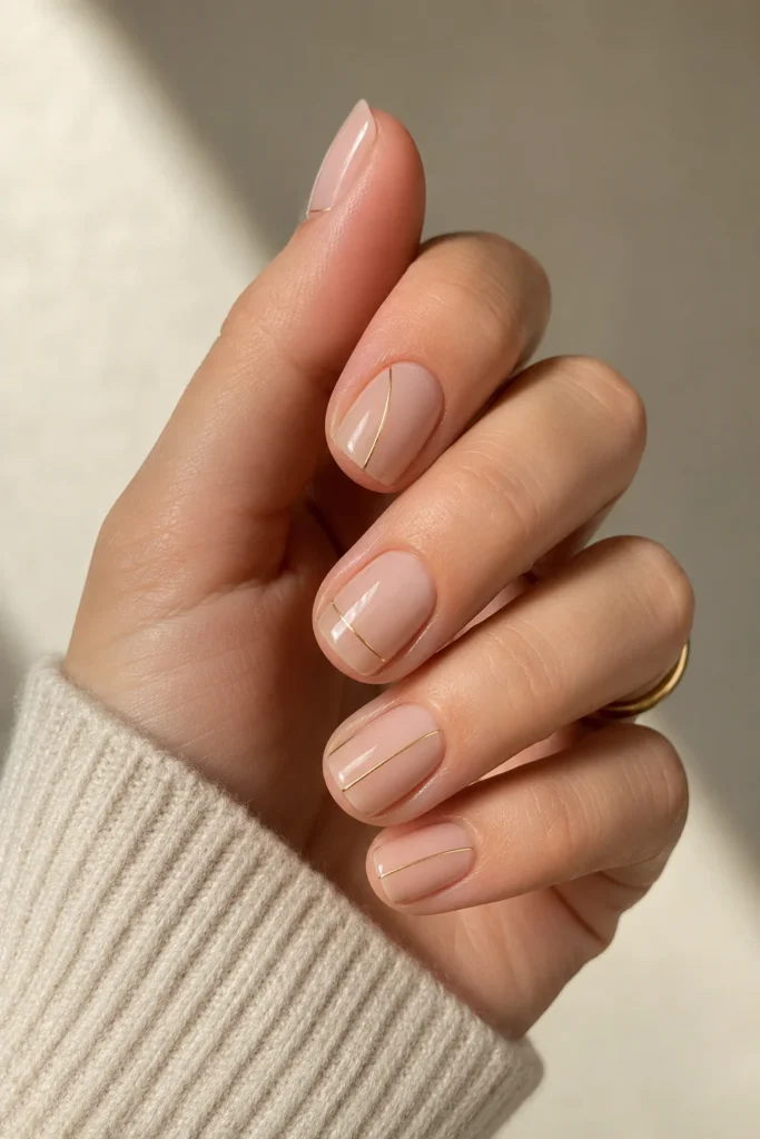 Thin gold line nail art on neutral polish