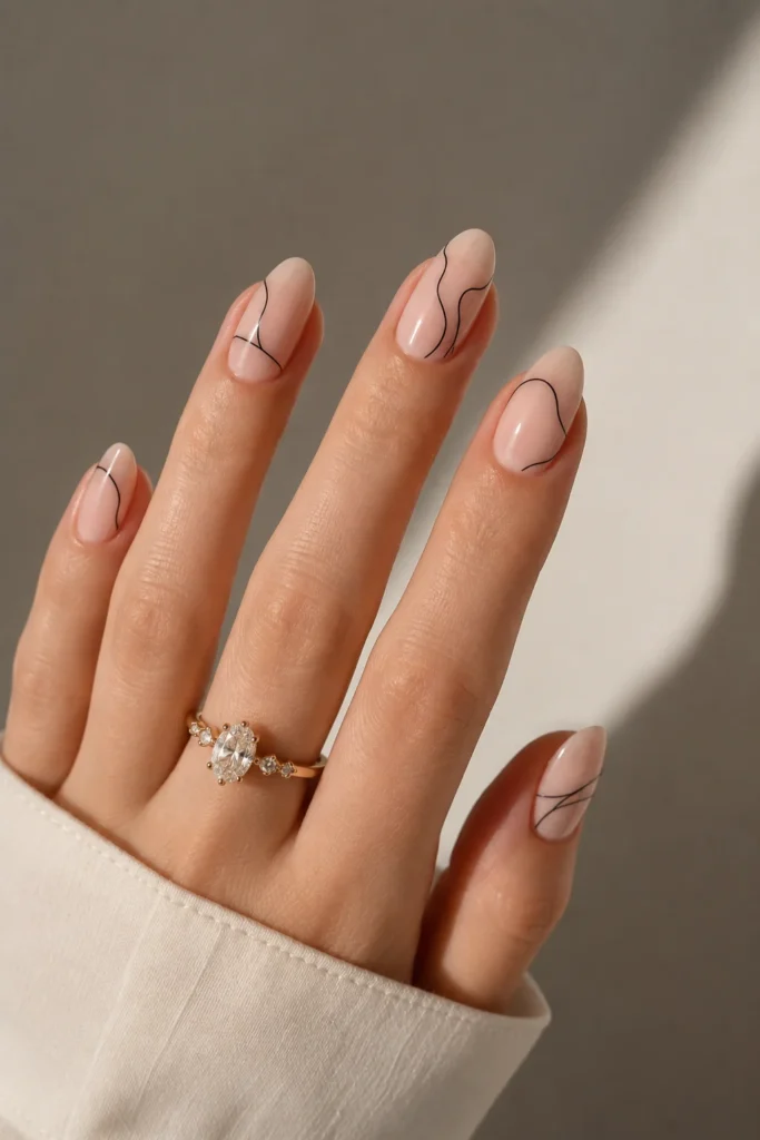 Delicate fine line art on nude glossy nails