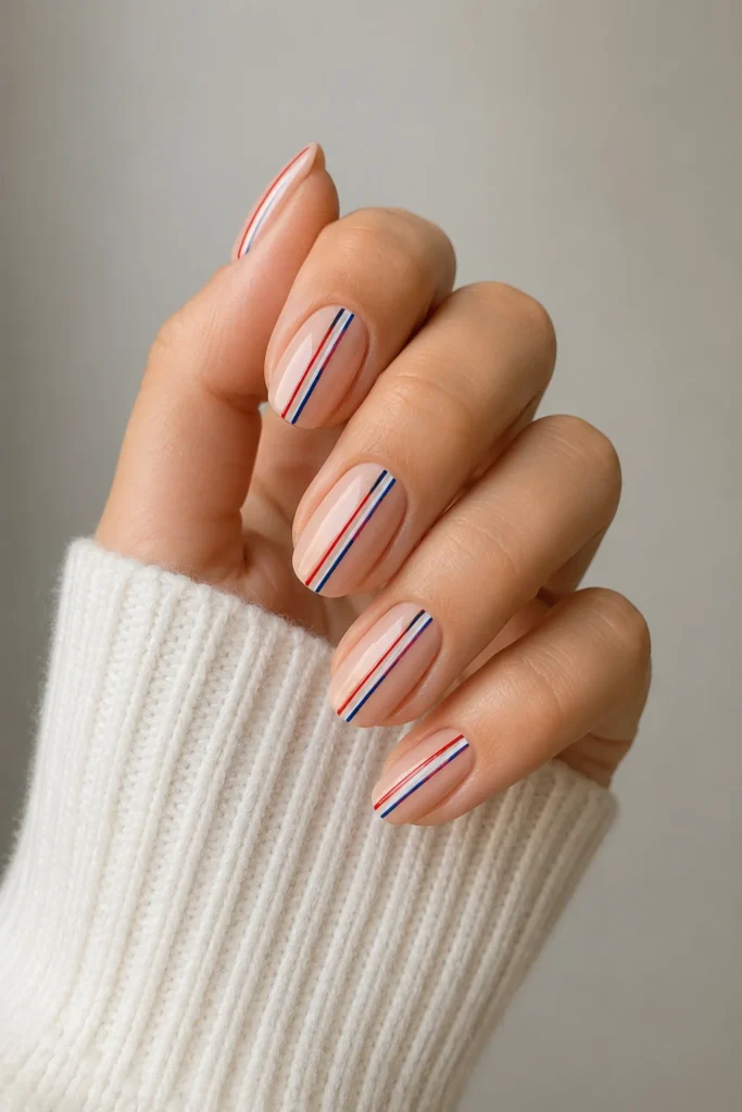 Thin red and blue stripes over nude nails