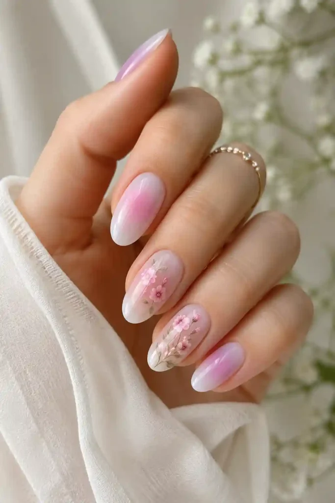 Floral accent aura nails with painted flower spring design