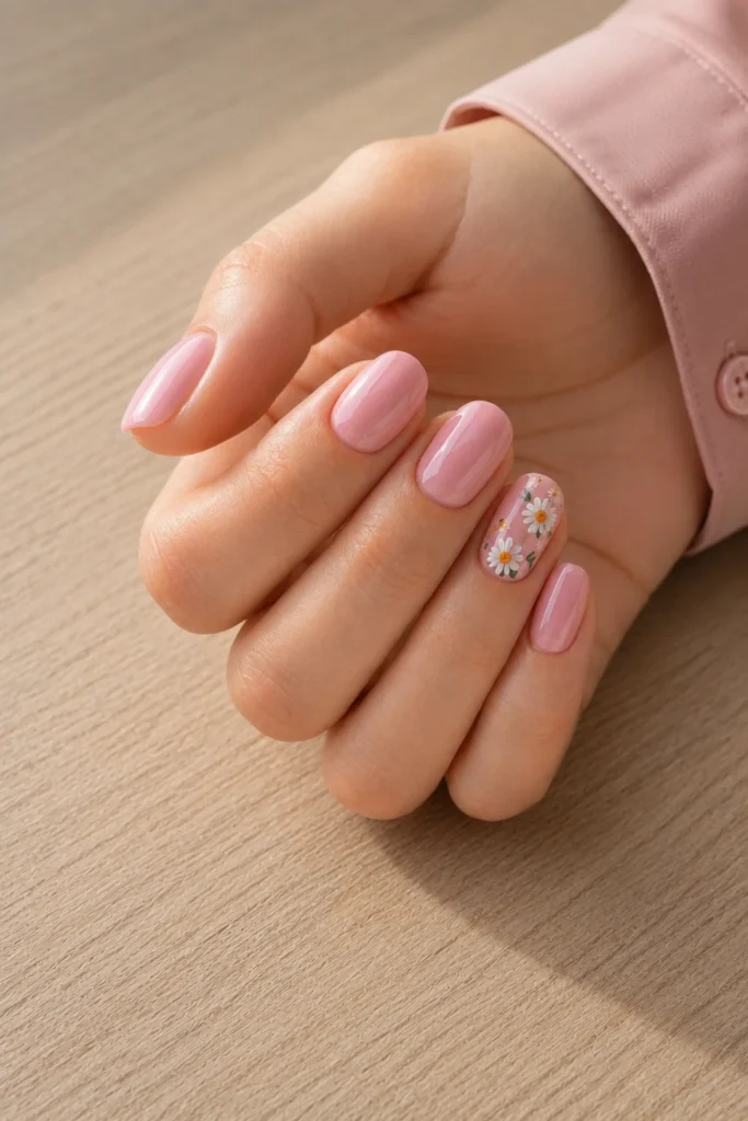 Small pastel flowers painted on a pink nail.
