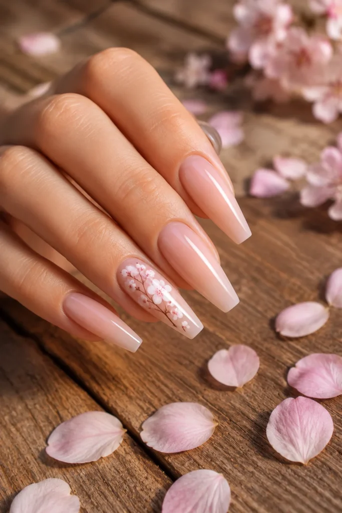 Ballerina nails with hand-painted white floral nail art