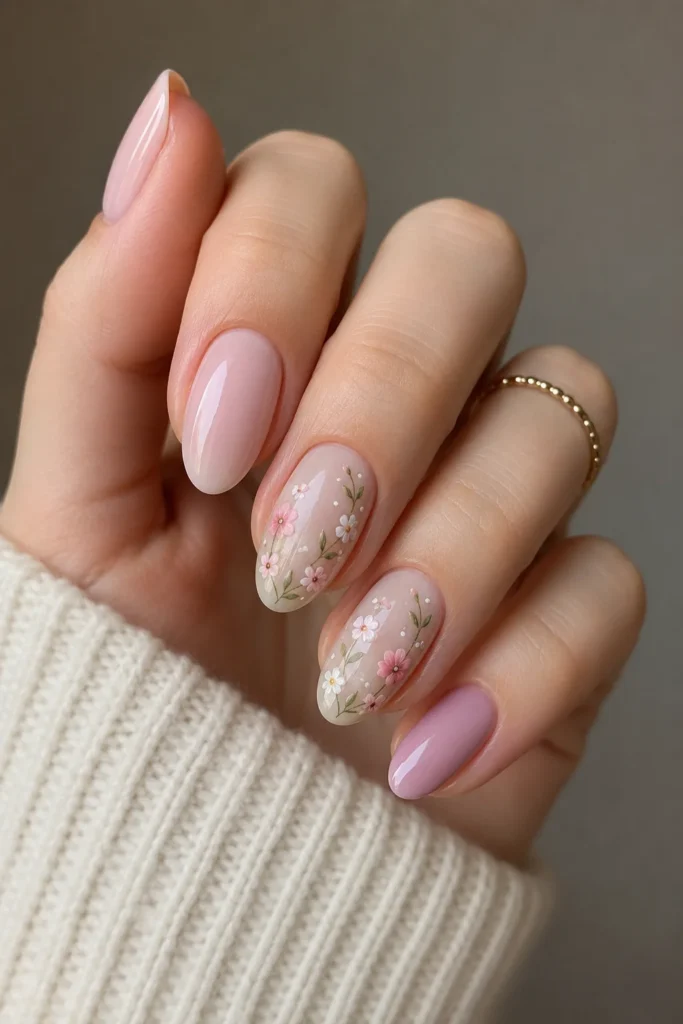 Floral art dip powder nails romantic feminine manicure