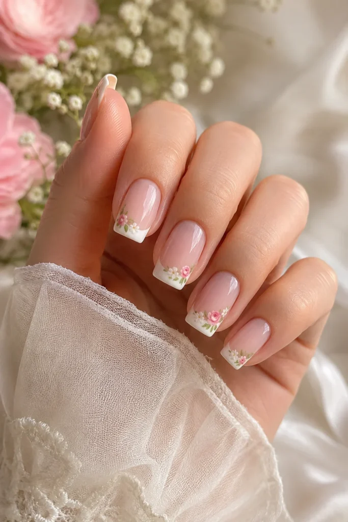 Floral accented french tip bridal nails