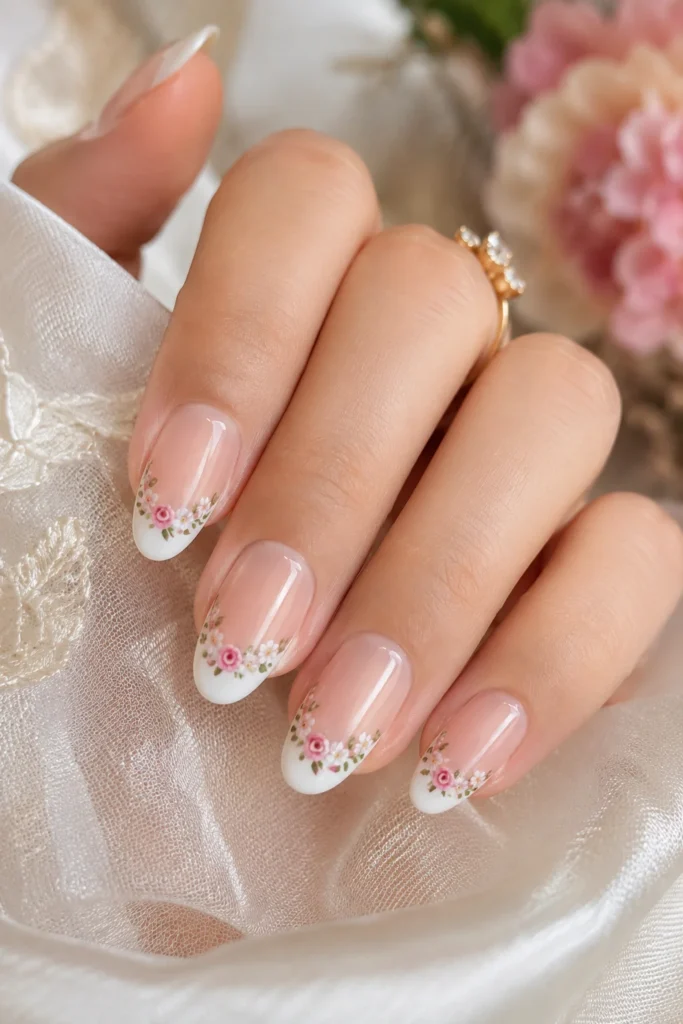 French tip nails with delicate floral art