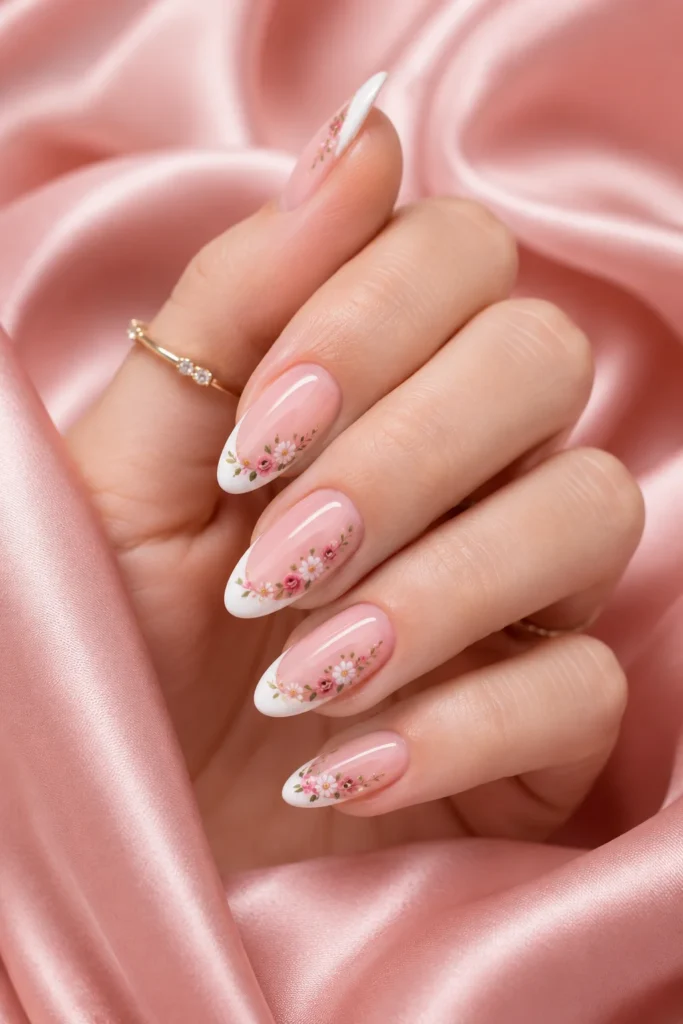 Tiny flowers on elegant French manicure nails