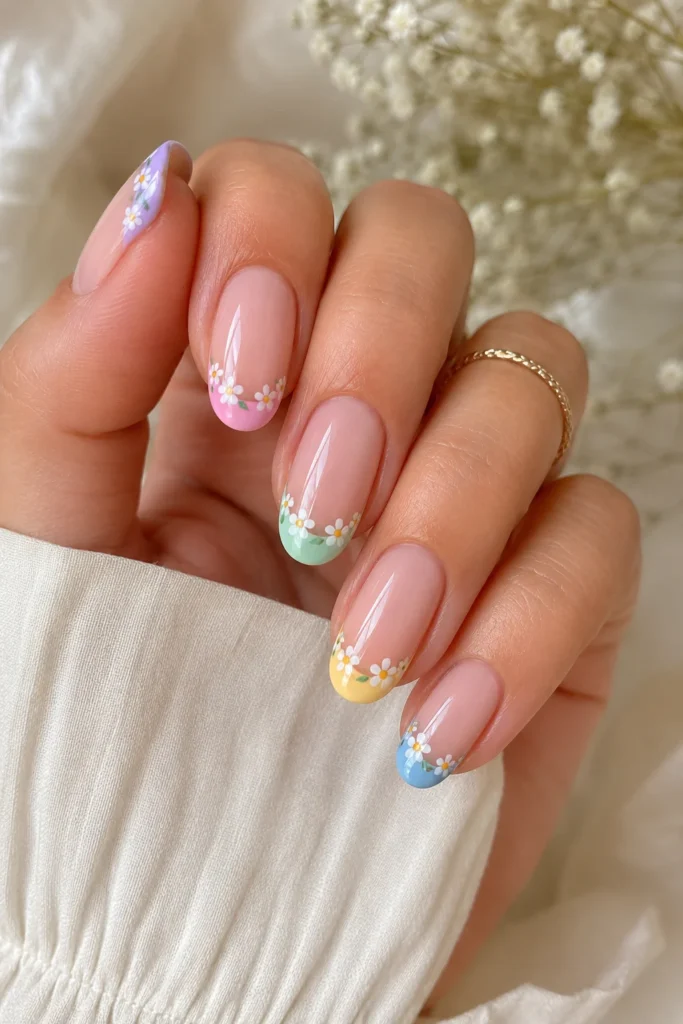 Hand painted floral french tip nail design