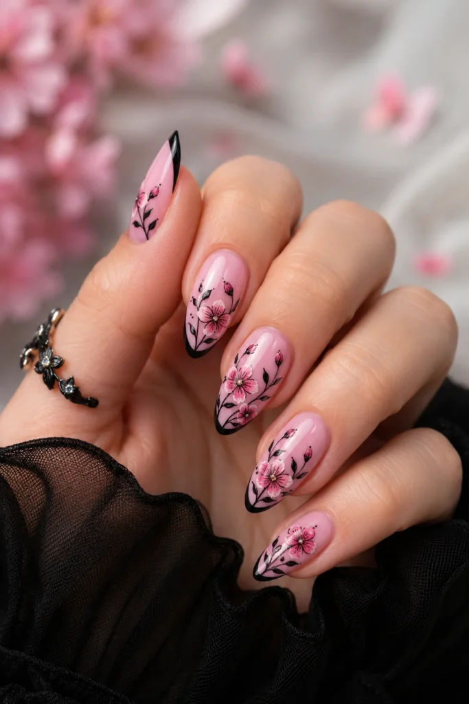 Floral nail art on pink base with black outlines