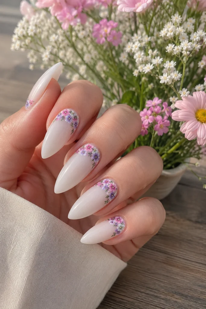 White pointy nails with tiny pastel flowers near the cuticle