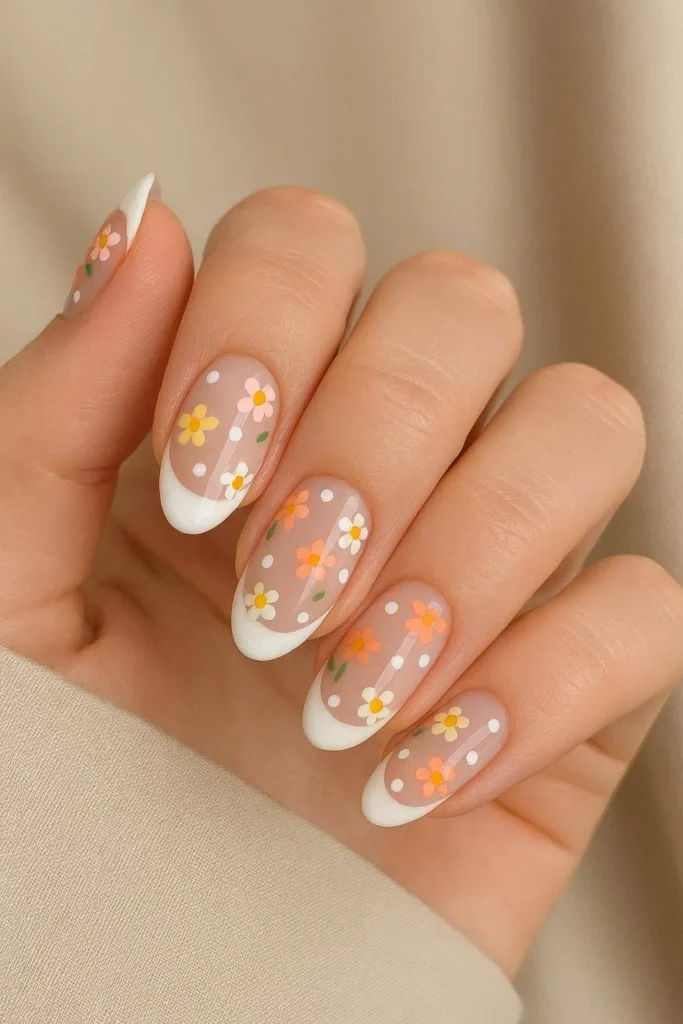 Floral and polka dot French manicure design