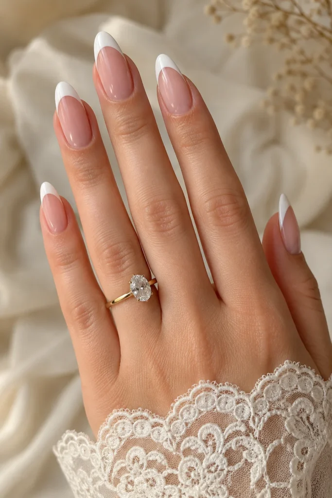 Almond shaped white french tip bridal nails
