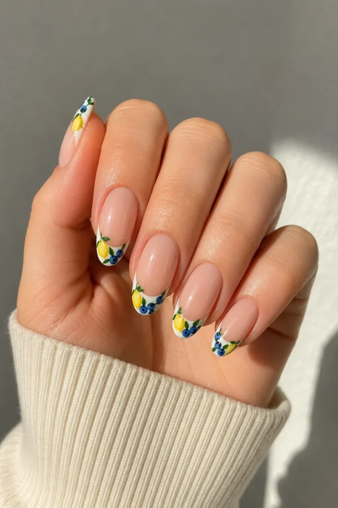 French tip nails decorated with lemons and blueberries