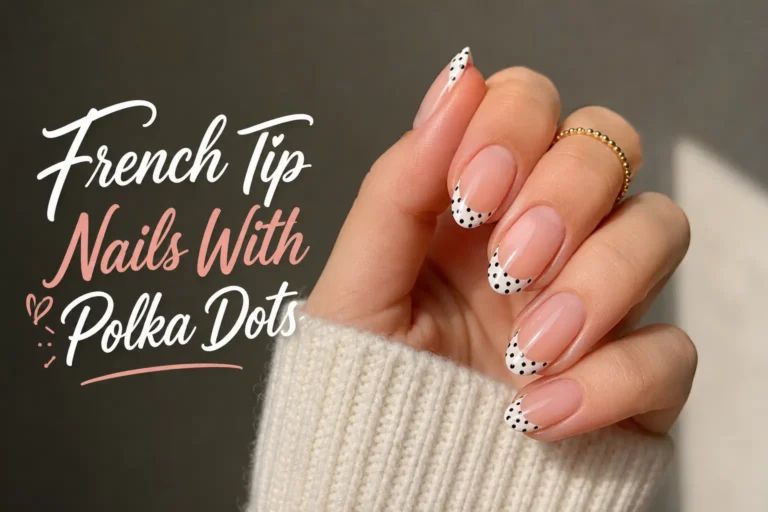 Elegant French tip nails with playful black polka dot nail art