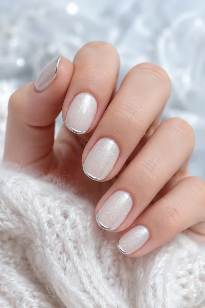 Frosted white round nails with silver tip outline