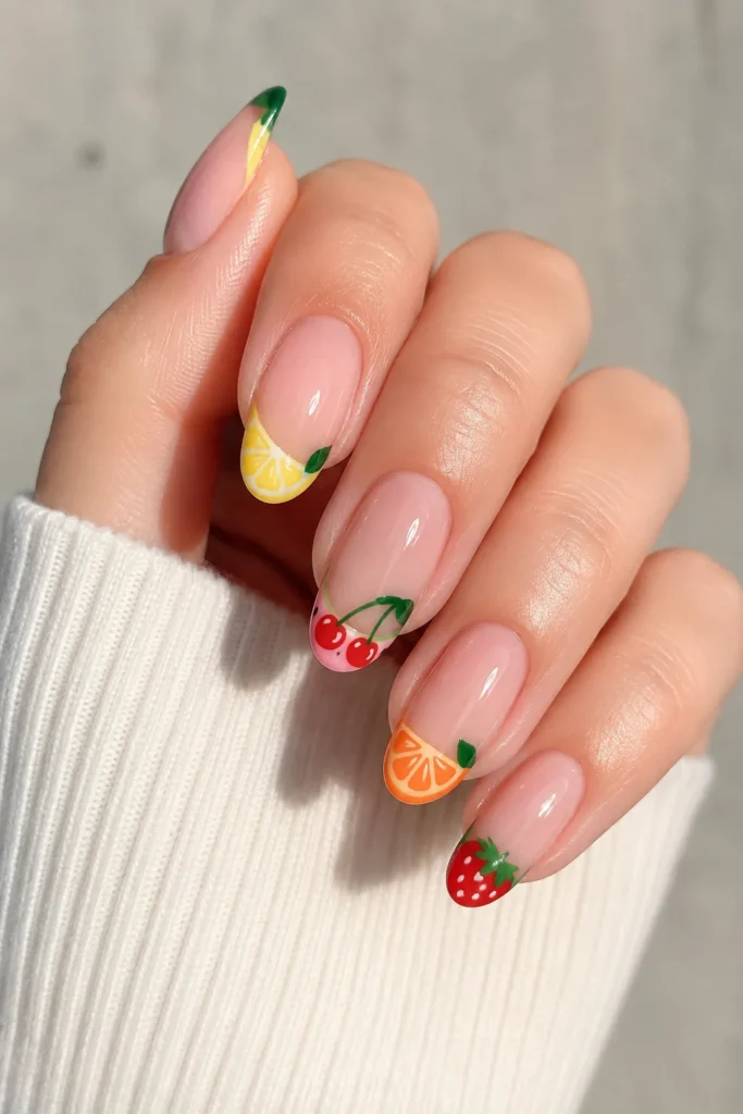 Fruit inspired french tip nail design