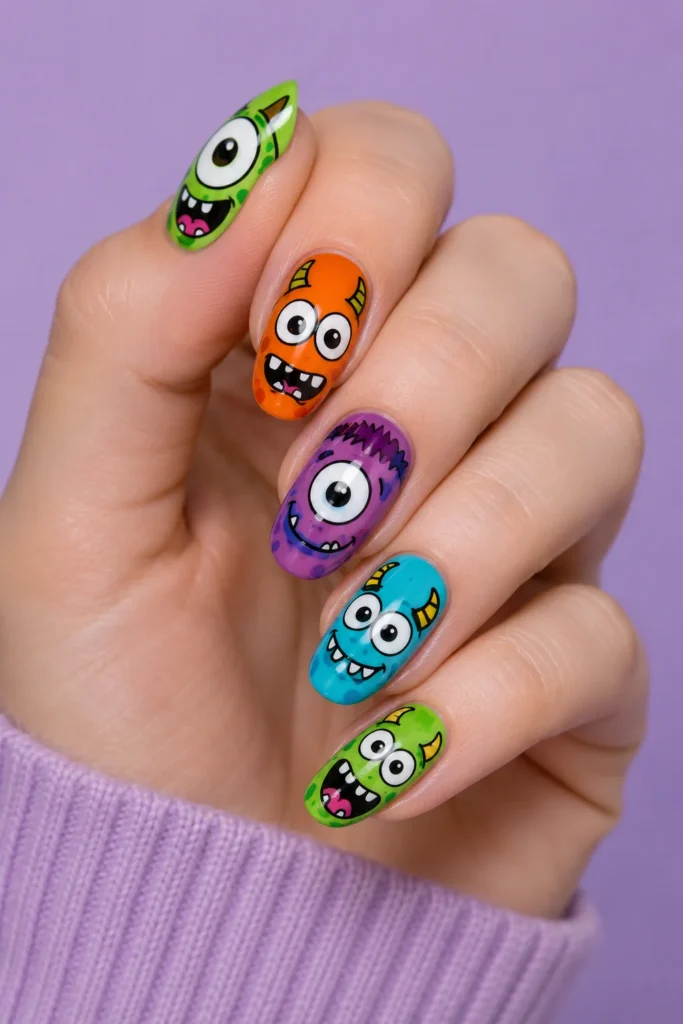 Colorful cartoon monster nail art with oversized eyes