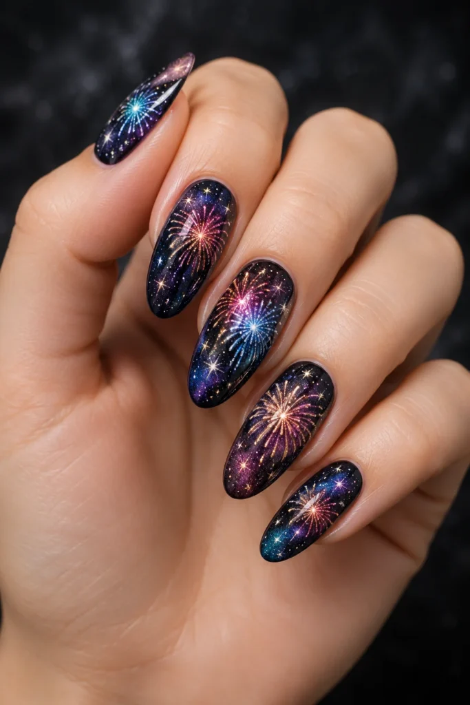 Cosmic galaxy nails with fireworks and tiny scattered stars