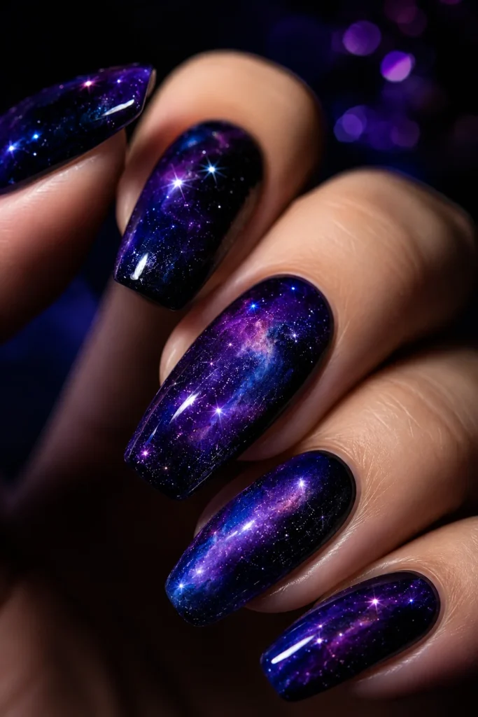 Galaxy-inspired star nail design with blue and purple shades