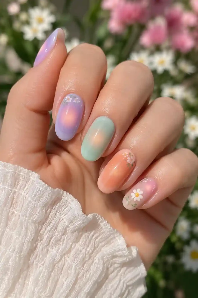 Garden party aura nails mixed spring shades floral accents
