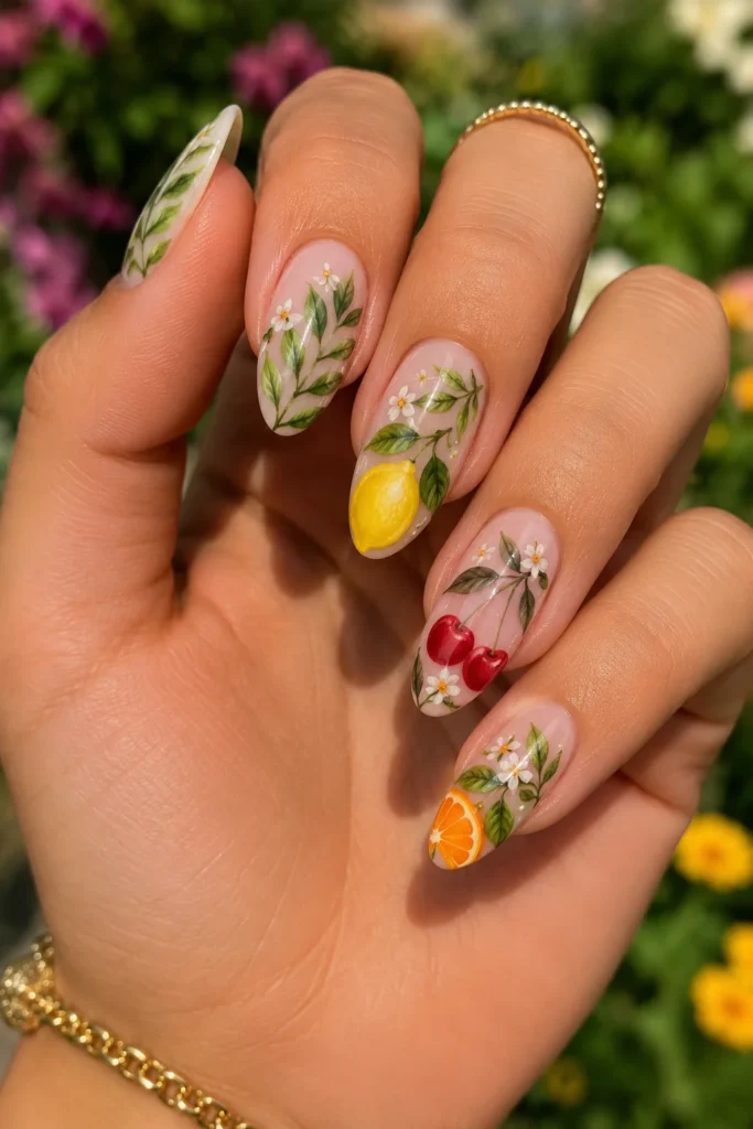 Garden party nails with leaves and fruit details