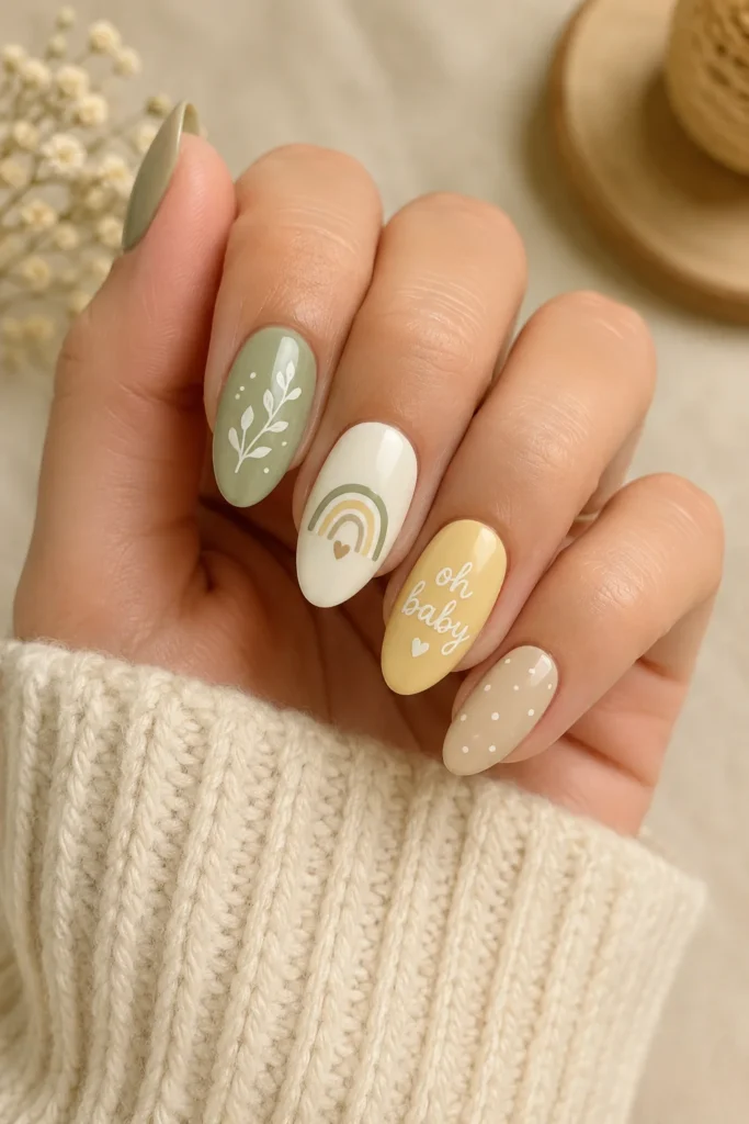 Gender neutral sage cream nails baby shower manicure design