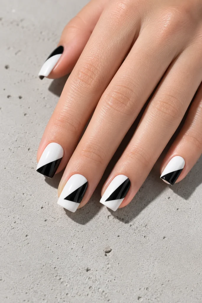 Geometric brush shape nail design with black triangles