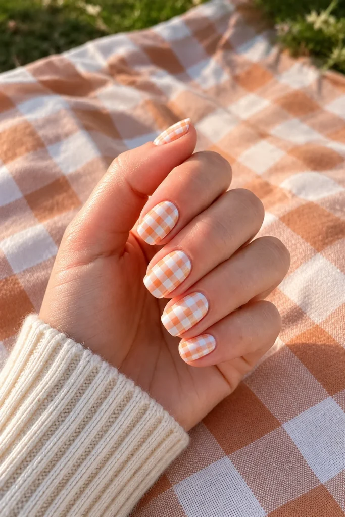 Peach gingham crisscross pattern on white base nails.