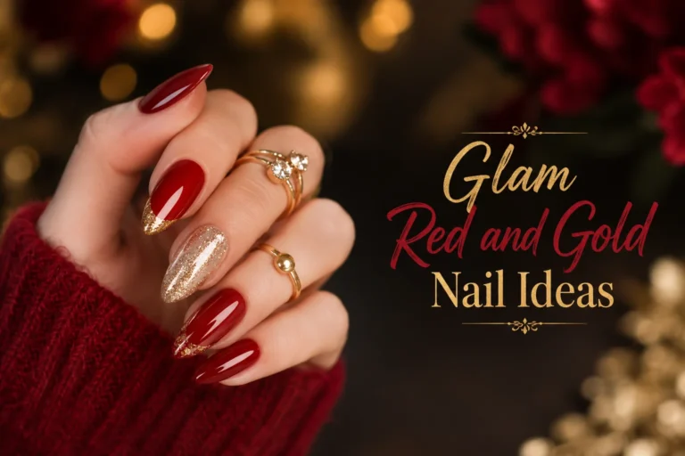 Glam red and gold nails with elegant luxury design