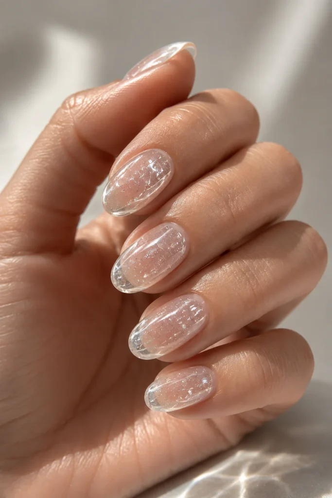 Clear glass nails with underwater shimmering layered effect