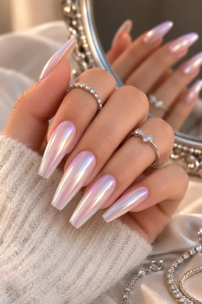Pearly glazed chrome ballerina nails with mirror shine