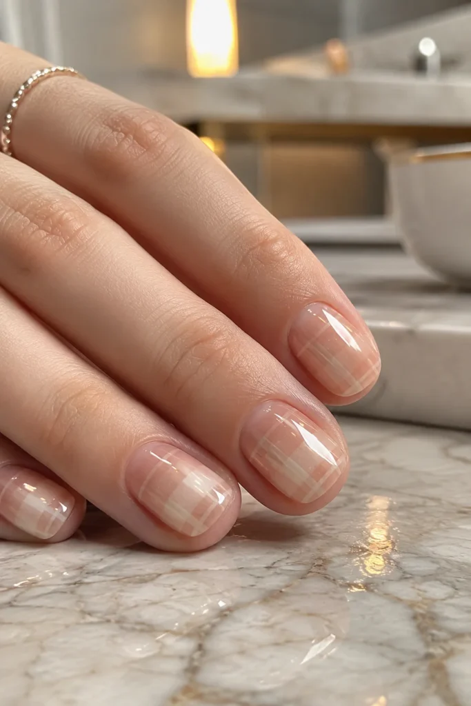 Glazed donut plaid nails with beige and white glossy finish