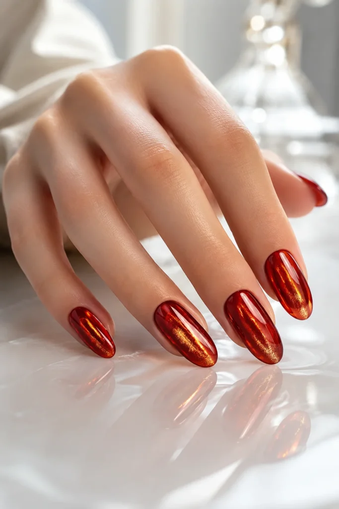 Glazed red nails with soft gold undertones.