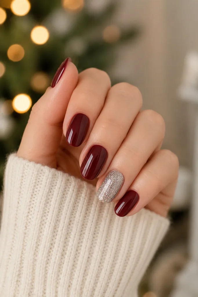 Simple manicure with one silver glitter accent nail